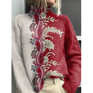 Women Floral Printing Spring/Fall Vintage Long Sleeve Turtleneck Sweater