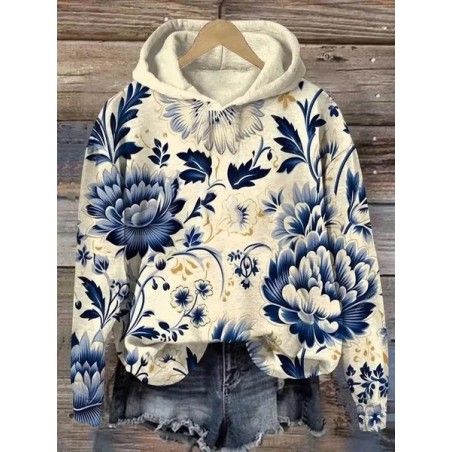 Women Floral Spring/Fall Printing Long Sleeve Casual Daily Hoodie
