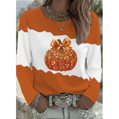 Women Halloween (pumpkin) Long Sleeve Tee T-shirt Crew Neck Printing Casual Spring/Fall Graphic Tee Top