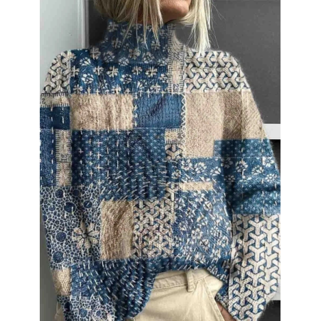 Women Abstract Printing Spring/Fall Vintage Long Sleeve Turtleneck Sweater