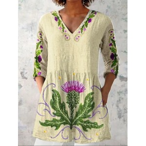 Women Floral Long Sleeve Shirt Spring/Fall Printing V Neck Daily Casual Top