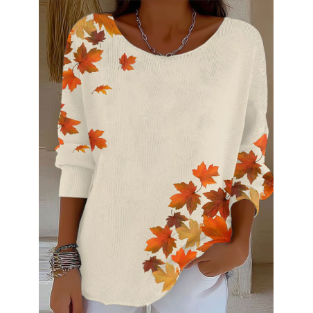 Women Maple Leaf Printing Spring/Fall Casual Long Sleeve Crew Neck Sweater