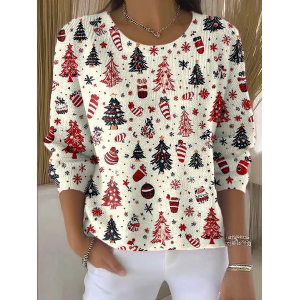 Women Christmas Printing Spring/Fall Casual Long Sleeve Crew Neck Sweater