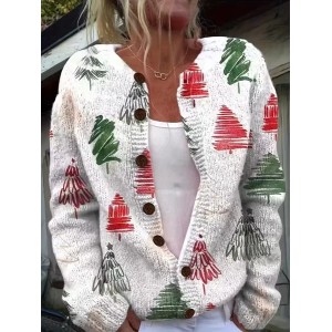Women Christmas Printing Long Sleeve Crew Neck Vintage Spring/Fall Cardigan Outerwear