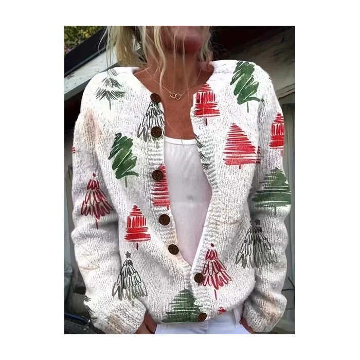 Women Christmas Printing Long Sleeve Crew Neck Vintage Spring/Fall Cardigan Outerwear