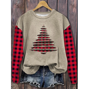 Women Plaid Crew Neck Printing Casual Spring/Fall Long Sleeve Sweatshirt
