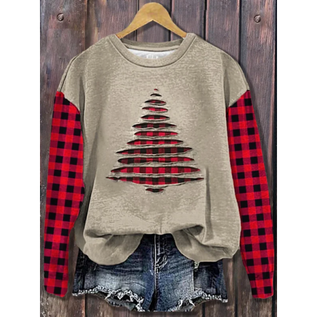 Women Plaid Crew Neck Printing Casual Spring/Fall Long Sleeve Sweatshirt