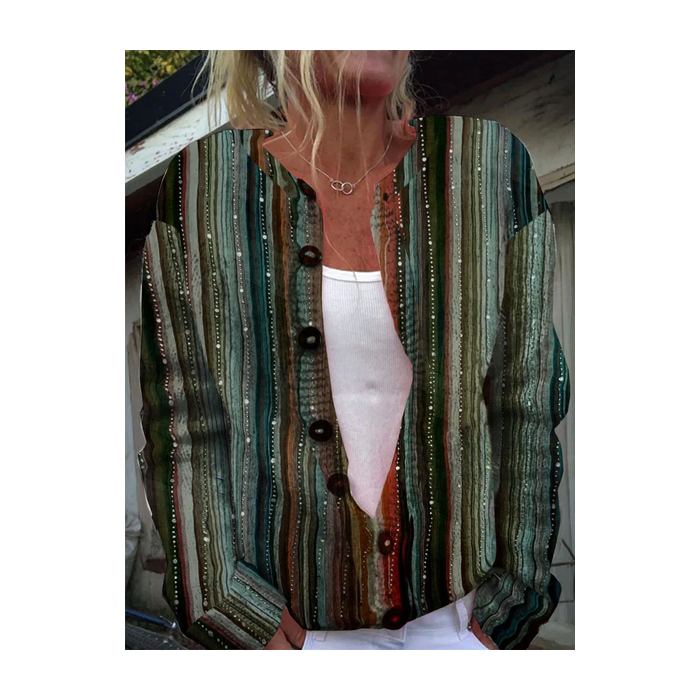 Women Abstract Printing Long Sleeve Crew Neck Vintage Spring/Fall Cardigan Outerwear