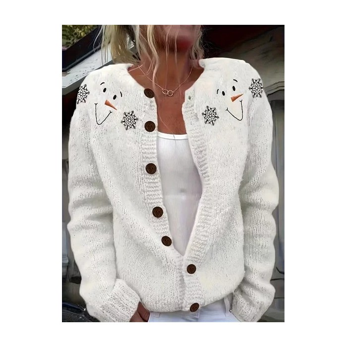 Women Christmas Snowman Printing Long Sleeve Crew Neck Vintage Spring/Fall Cardigan Outerwear