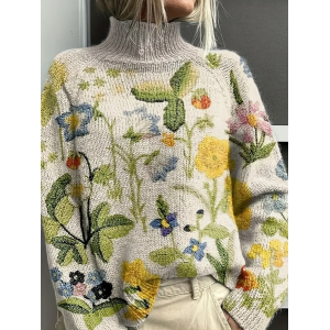 Women Floral Printing Spring/Fall Vintage Long Sleeve Turtleneck Sweater