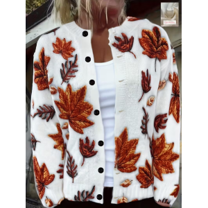 Women Maple Leaf Printing Long Sleeve Crew Neck Vintage Spring/Fall Cardigan Outerwear