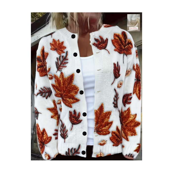 Women Maple Leaf Printing Long Sleeve Crew Neck Vintage Spring/Fall Cardigan Outerwear