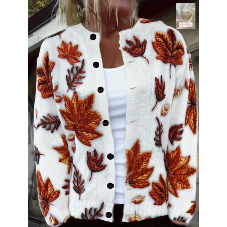Women Maple Leaf Printing Long Sleeve Crew Neck Vintage Spring/Fall Cardigan Outerwear