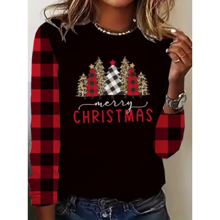 Women Plaid Long Sleeve Tee T-shirt Crew Neck Printing Casual Spring/Fall Graphic Tee Top