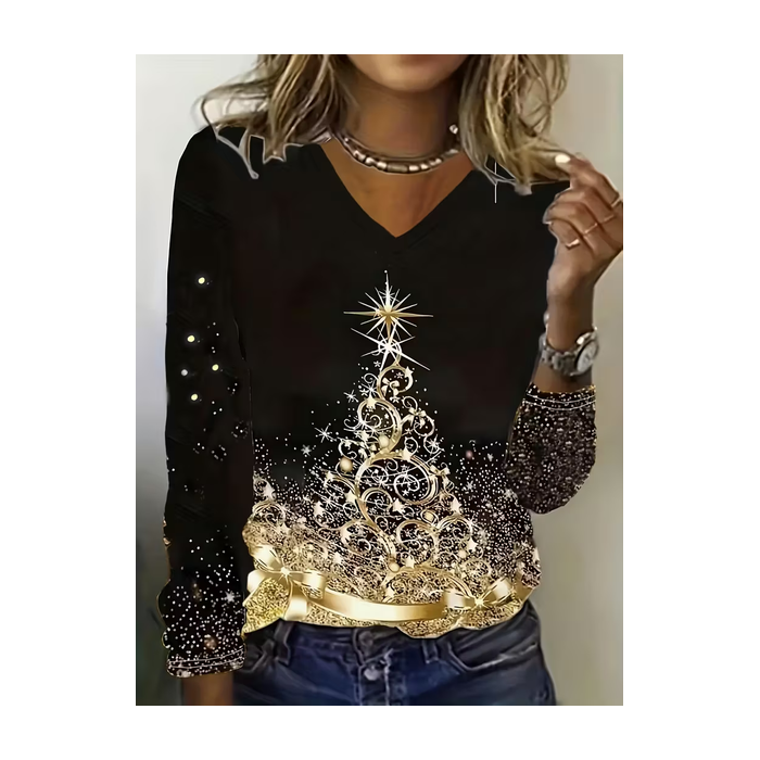 Women Christmas Long Sleeve Tee T-shirt V Neck Printing Casual Spring/Fall Graphic Tee Top