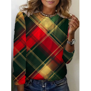Women Plaid Long Sleeve Tee T-shirt Crew Neck Printing Casual Spring/Fall Graphic Tee Top