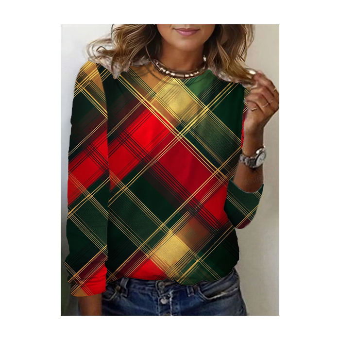 Women Plaid Long Sleeve Tee T-shirt Crew Neck Printing Casual Spring/Fall Graphic Tee Top