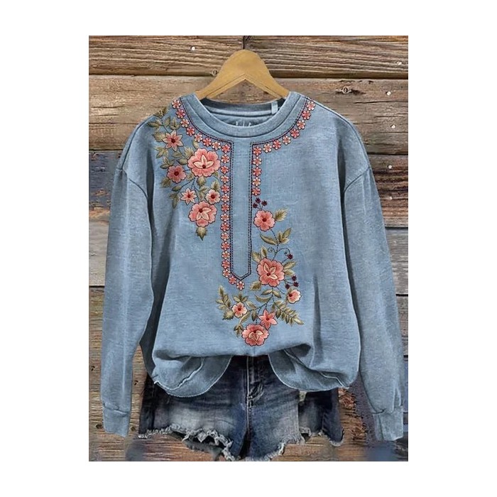 Women Floral Crew Neck Printing Casual Spring/Fall Long Sleeve Sweatshirt