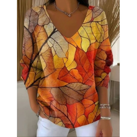 Women Painting Spring/Fall Casual Long Sleeve V Neck Cotton Sweater