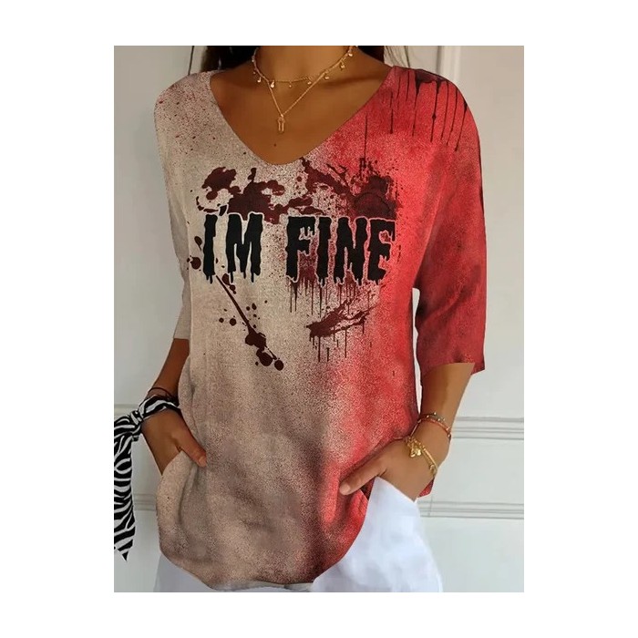 Women Halloween Three Quarter Sleeve Tee T-shirt V Neck Vintage Spring/Fall Top