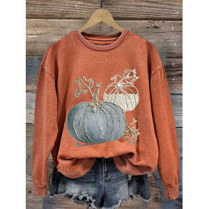 Women Halloween (pumpkin) Crew Neck Printing Casual Spring/Fall Long Sleeve Sweatshirt