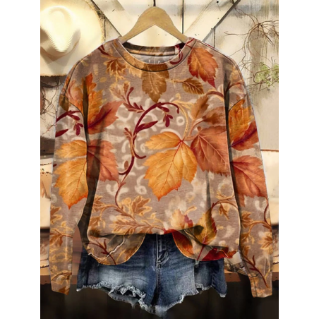Women Maple Leaf Crew Neck Printing Casual Spring/Fall Long Sleeve Sweatshirt