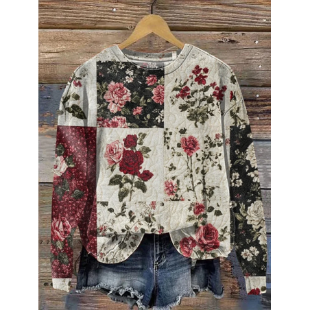 Women Floral Crew Neck Printing Casual Spring/Fall Long Sleeve Sweatshirt