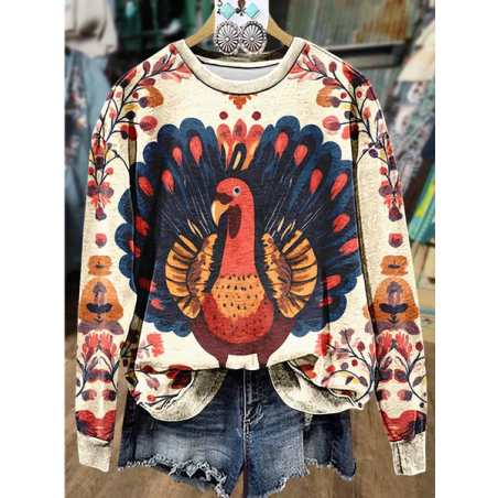 Women Turkey Crew Neck Printing Casual Spring/Fall Long Sleeve Sweatshirt