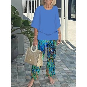 Women Striped Bell Sleeve Two-Piece Set Holiday Three Quarter Sleeve Vintage Spring/Fall Top With Pants Matching Set