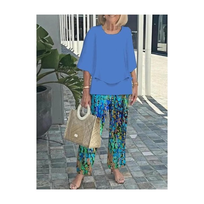 Women Striped Bell Sleeve Two-Piece Set Holiday Three Quarter Sleeve Vintage Spring/Fall Top With Pants Matching Set