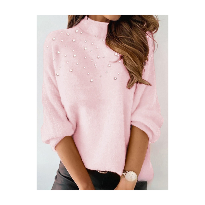 Women Plain Beaded Winter Street Long Sleeve Crew Neck Sweater