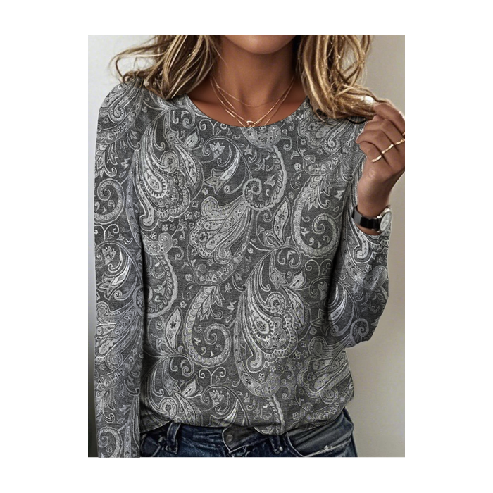 Women Paisley Long Sleeve Tee T-shirt Crew Neck Vintage Spring/Fall Top