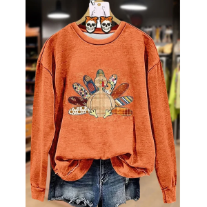 Women Turkey Crew Neck Printing Casual Spring/Fall Long Sleeve Sweatshirt
