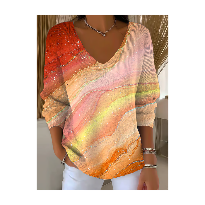 Women Abstract Long Sleeve Tee T-shirt V Neck Printing Casual Spring/Fall Top