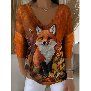 Women Animal Long Sleeve Tee T-shirt V Neck Printing Casual Spring/Fall Top