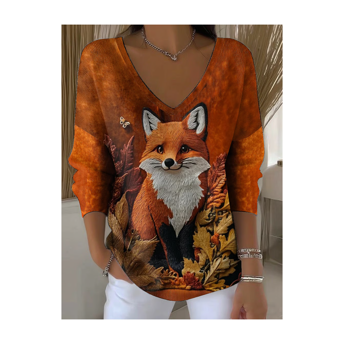 Women Animal Long Sleeve Tee T-shirt V Neck Printing Casual Spring/Fall Top