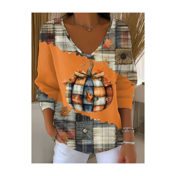 Women Halloween (pumpkin) Long Sleeve Tee T-shirt V Neck Printing Casual Spring/Fall Top