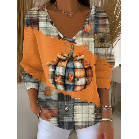 Women Halloween (pumpkin) Long Sleeve Tee T-shirt V Neck Printing Casual Spring/Fall Top