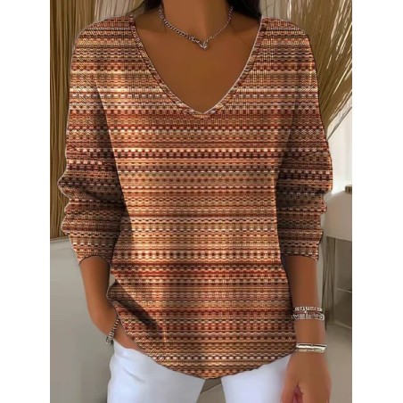 Women Abstract Stripes Long Sleeve Tee T-shirt V Neck Printing Casual Spring/Fall Top