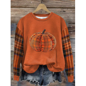 Women Plaid Crew Neck Printing Casual Spring/Fall Long Sleeve Sweatshirt