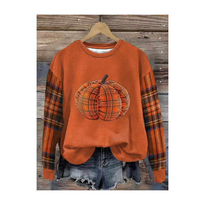 Women Plaid Crew Neck Printing Casual Spring/Fall Long Sleeve Sweatshirt