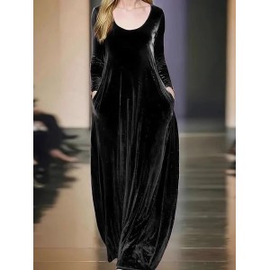 Women Plain Long Sleeve Spring/Fall Split Joint Dress Crew Neck Daily Vintage Maxi Velvet A-Line Dress