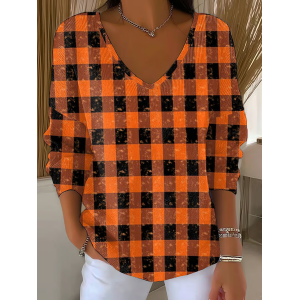 Women Plaid Long Sleeve Tee T-shirt V Neck Printing Casual Spring/Fall Top