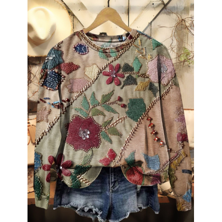 Women Floral Crew Neck Printing Casual Spring/Fall Long Sleeve Sweatshirt