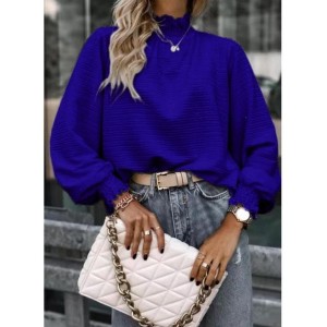 Women Geometric Long Sleeve Tee T-shirt Stand Collar Gathered Vintage Spring/Fall Top