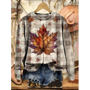 Women Plaid Crew Neck Printing Casual Spring/Fall Long Sleeve Sweatshirt