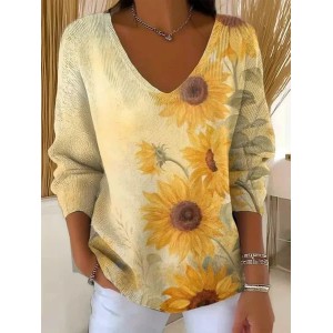 Women Floral Long Sleeve Tee T-shirt V Neck Printing Casual Spring/Fall Top