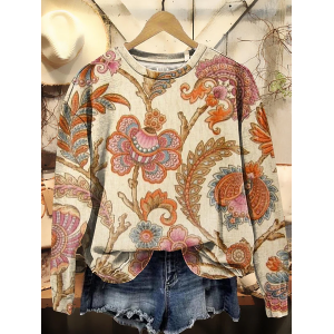 Women Floral Crew Neck Printing Casual Spring/Fall Long Sleeve Sweatshirt