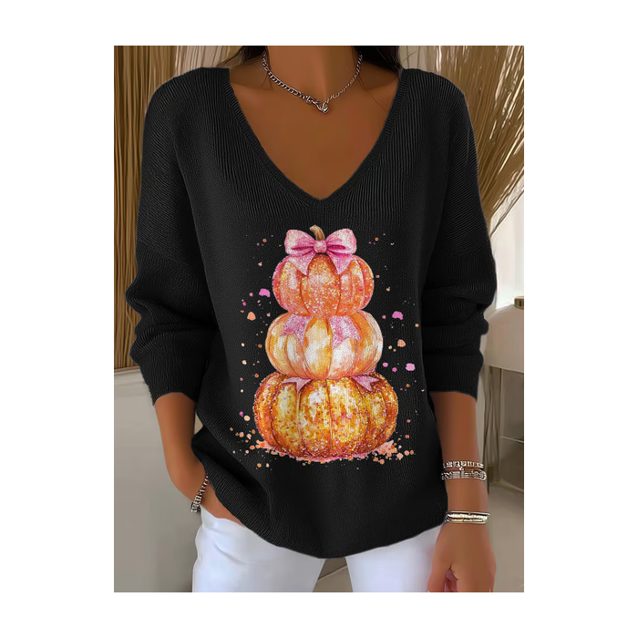 Women Halloween (pumpkin) Long Sleeve Tee T-shirt V Neck Printing Casual Spring/Fall Top