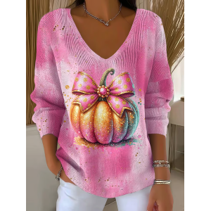 Women Halloween (pumpkin) Long Sleeve Tee T-shirt V Neck Printing Casual Spring/Fall Top